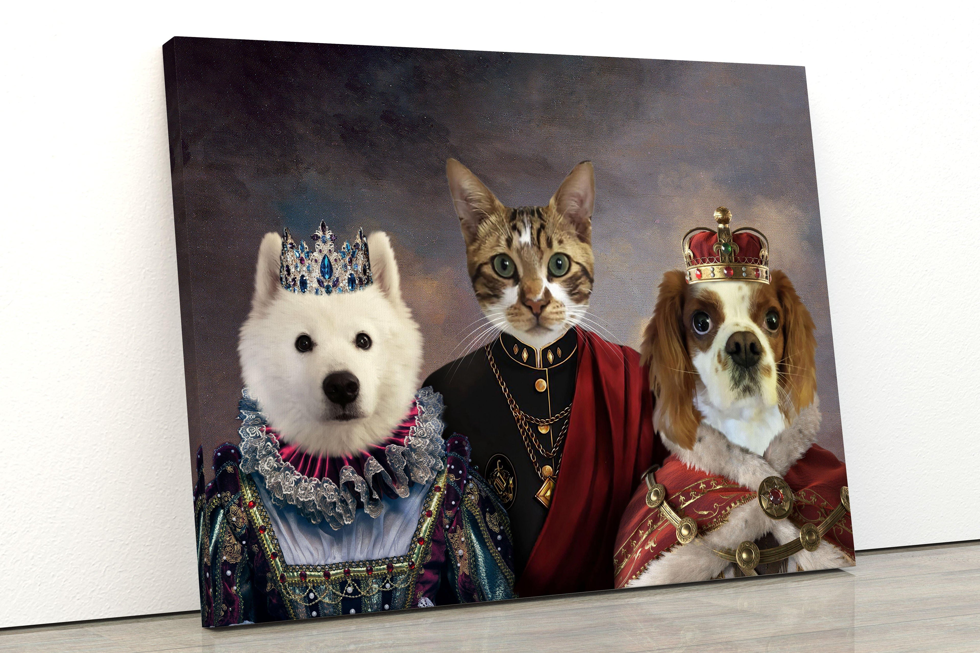 Kedi ve köpek fotoğraflarından hazırlanan üçlü kişiye özel evcil hayvan portresi