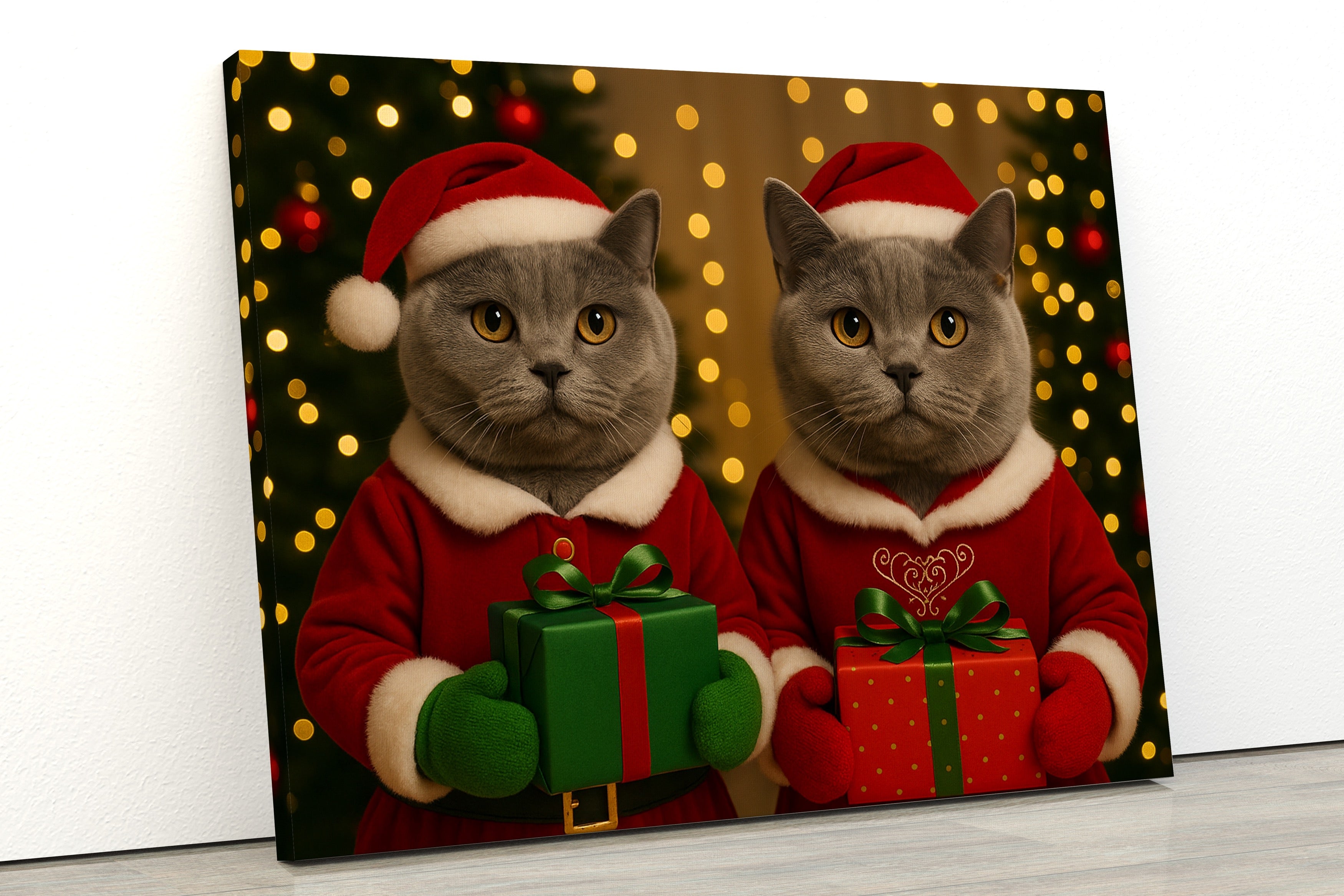 Noel kostümlü iki gri kedi hediye kutusu tutuyor – kedi severlere özel yılbaşı tablosu, ev dekoru ve hediye fikri | Dali Pups