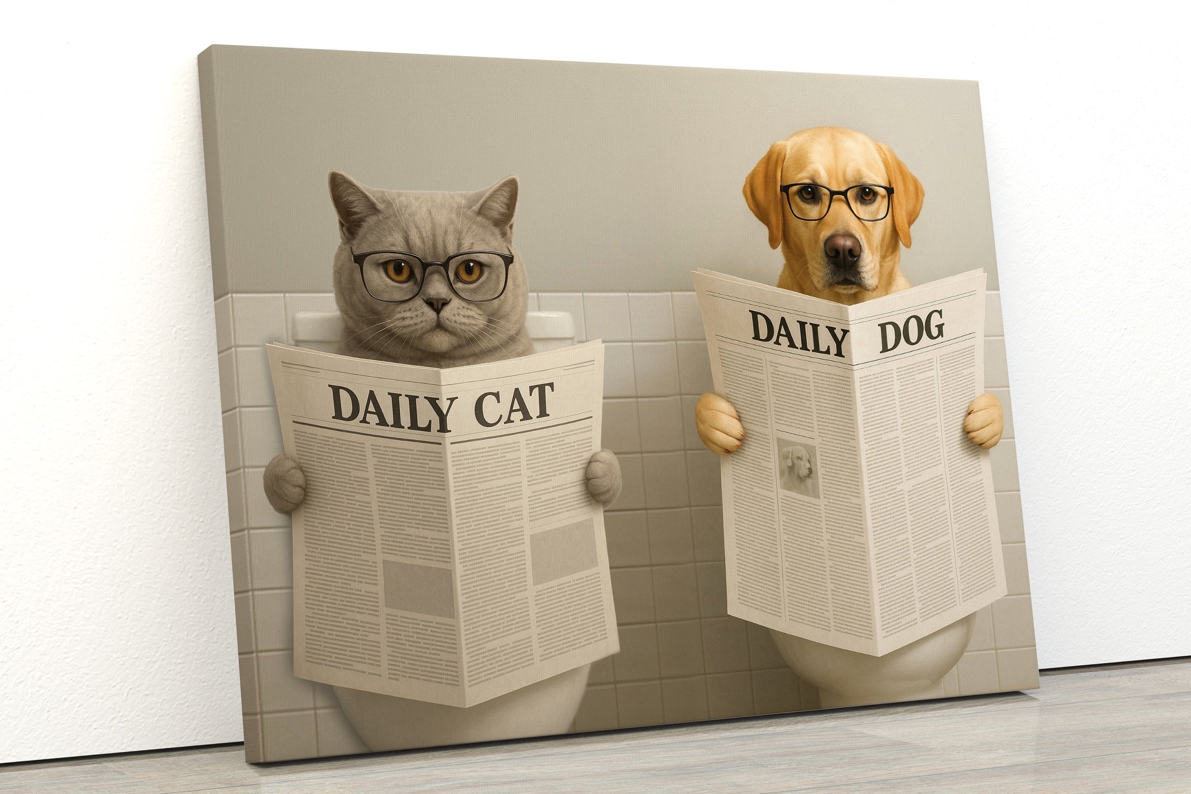 Tuvalette gazete okuyan kedi ve köpek tablosu – banyo dekorasyonu için mizahi ikili tablo seti, kedi ve köpek severlere özel hediye | Dali Pups