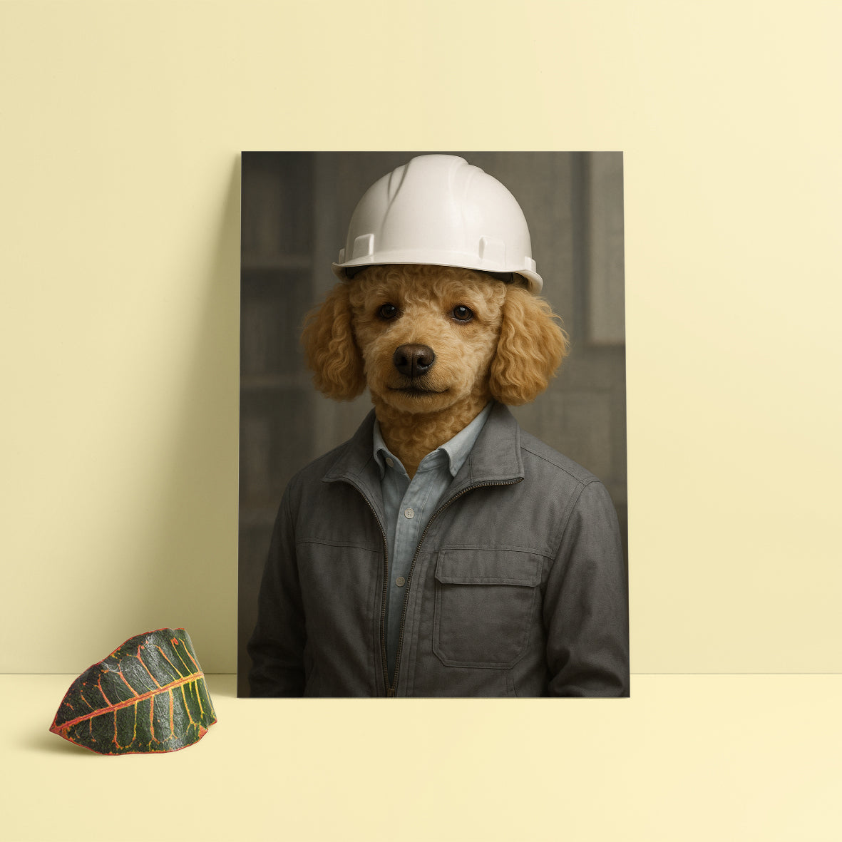 Baret takan köpek portresi – mühendislere özel kişiye özel tablo, ofis dekorasyonu için zarif hediye | Dali Pups