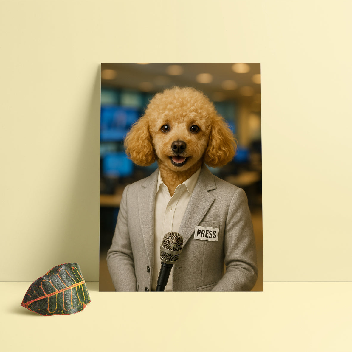 Gazeteci köpek portresi – mikrofonlu köpek tablosu, basın ve spiker temalı mizahi tablo | Dali Pups