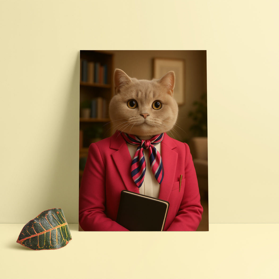 Defter tutan pembe ceketli kedi portresi – psikoloğa özel hediye, terapi ofis dekorasyonu için zarif tablo | Dali Pups
