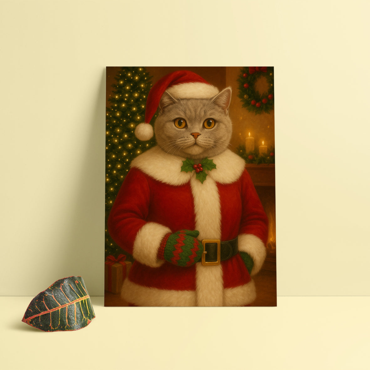 Noel Baba kostümü giymiş gri kedi portresi – kedi severlere özel yılbaşı hediyesi, ev dekoru için sıcak tablo | Dali Pups"
