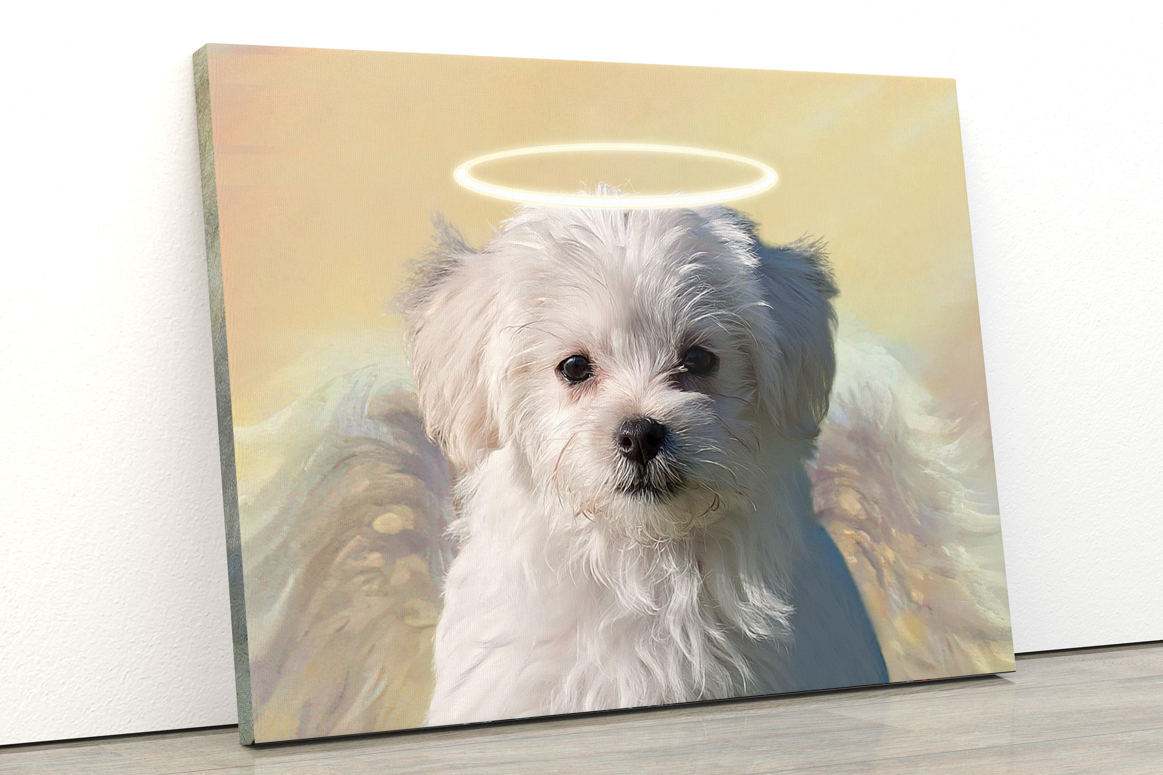 Melek köpek tablosu burada. Köpeğine sevgi göstermenin en şık yolu. Kişiye özel evcil hayvan tablosu yaptırmak için sitemizi ziyaret et.