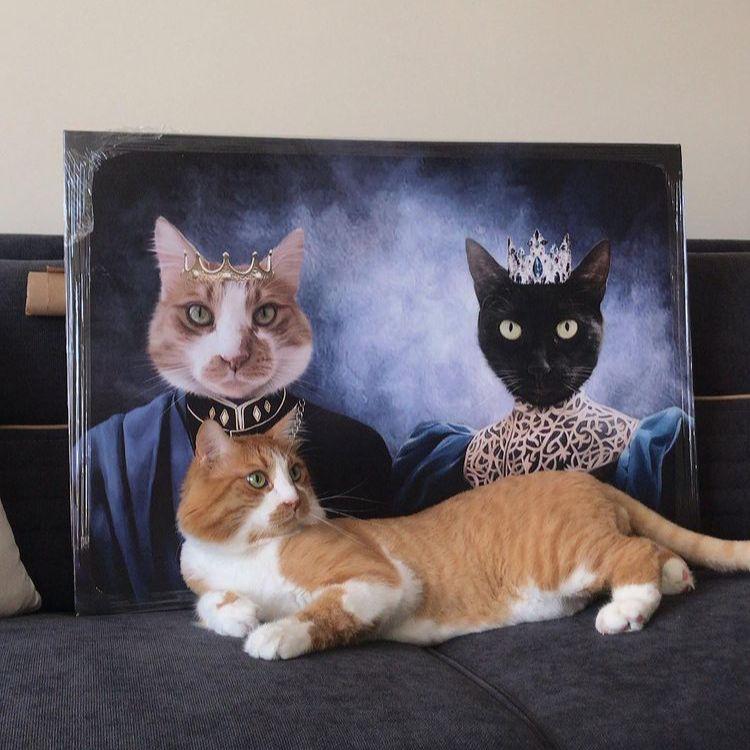 Prenses kedi ve şövalye kedi bir arada. Kişiye özel evcil hayvan tablosu yaptırmak için hemen tıkla.